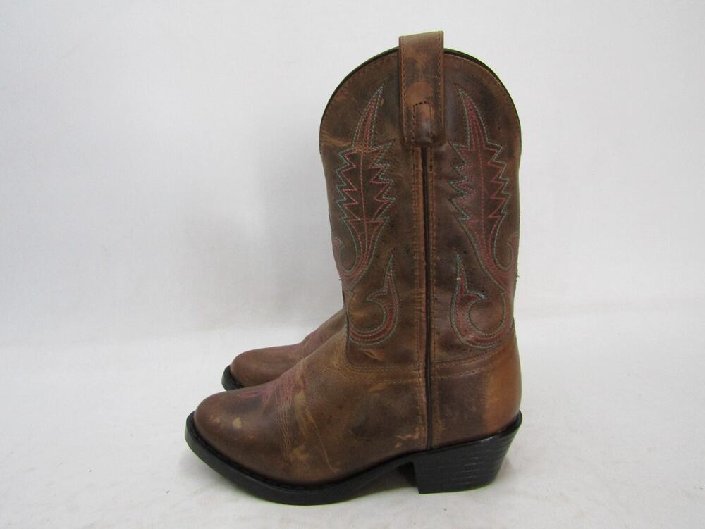 Smoky Mountain Youth Sz 2 R Brown Leather Pink Blue Stitching Cowboy Boots